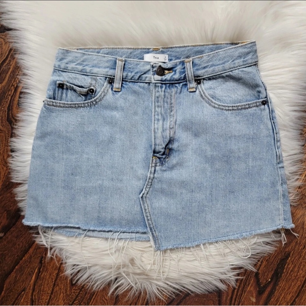 Aritzia TNA Asymmetrical Raw Hem Denim Mini Skirt  Size 2